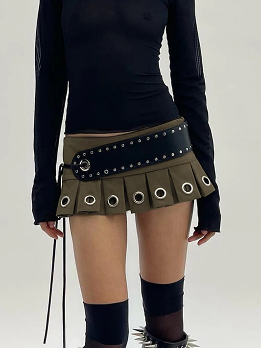 Low Rise Mini Pleated PU Belt Skirt