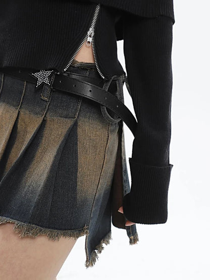 Distressed Irregular Pleated Mini Skirt