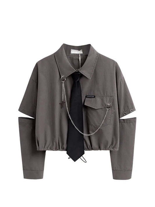 Harajuku Dark Tie And Chain Crop Shirt