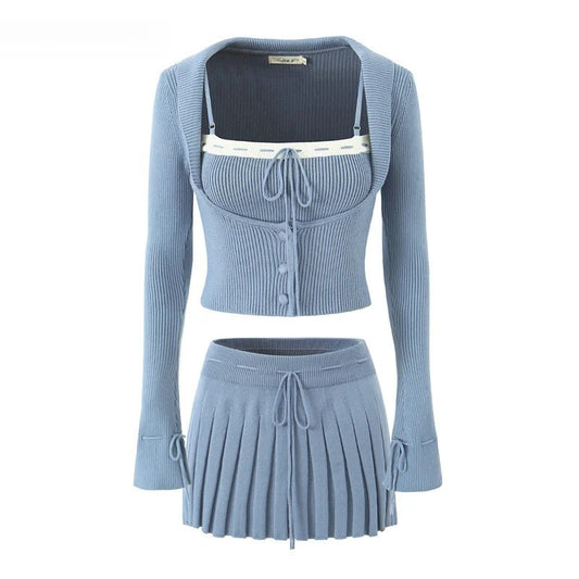 Flare Sleeve Cardigan + Vest + Pleated Skirt