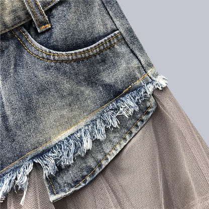 Denim Mesh Patchwork Lace Skirt