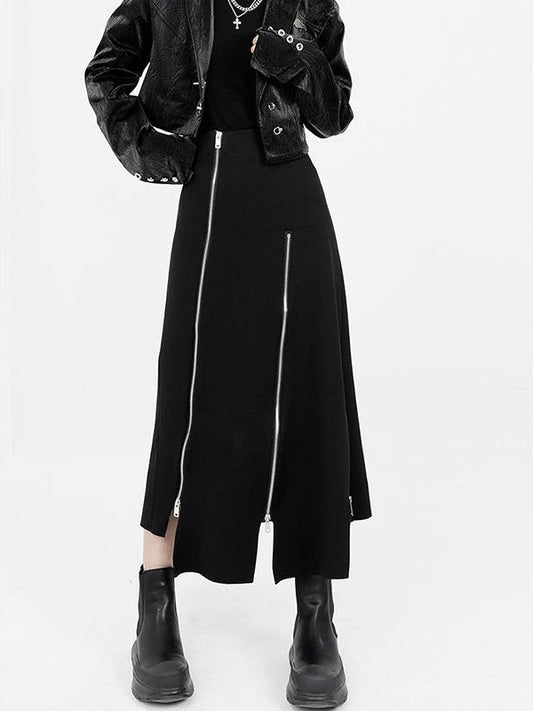 Irregular Black Zipper Skirt