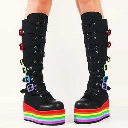 Gothic Rainbow Platform Motorcycle Boots