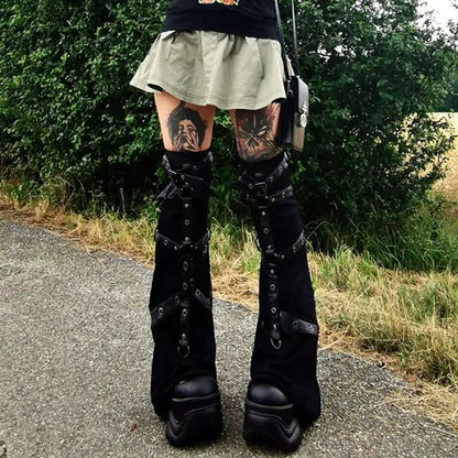 Black Metal Buckle Leg Warmers