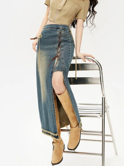 High Waist Irregular Long Denim Skirt