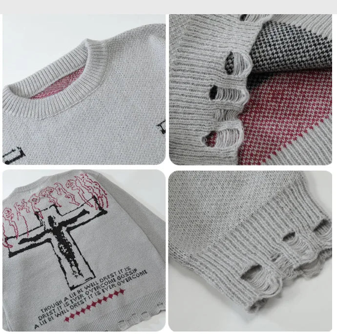 Ripped Hole Knitted Cross Jumper