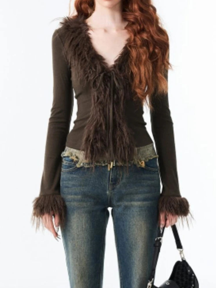 V-neck Bandage Fur Patchwork Cardigan