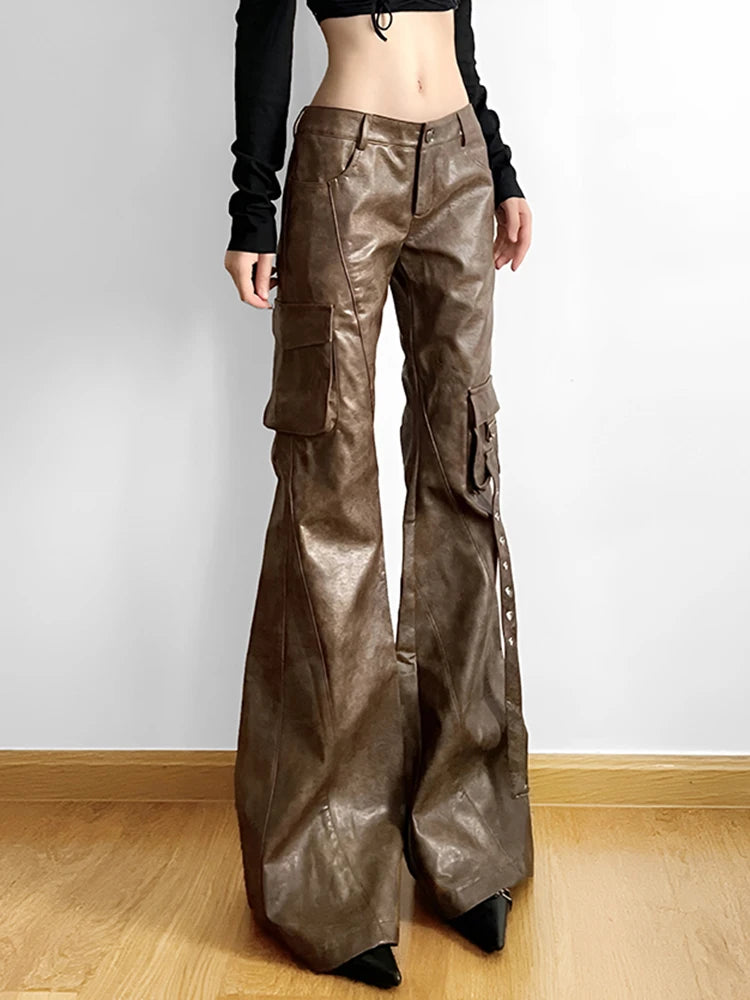 Low Rise Brown Leather Pants