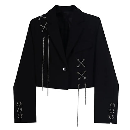 Gothic Cropped Blazer with Metal Chain