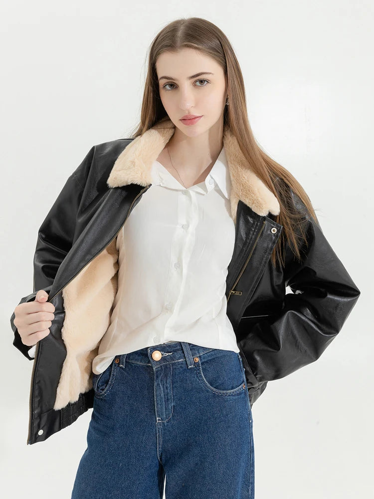 Long Sleeved Loose Fur Leather Jacket