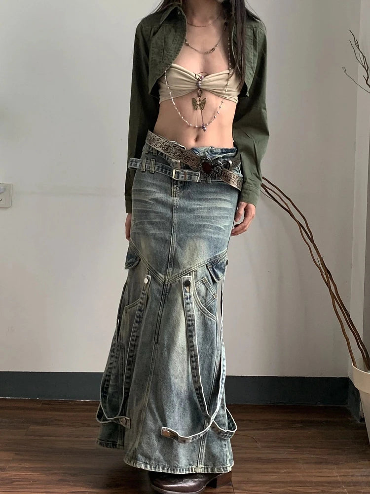 Cyber Punk Mid Long Denim Skirt