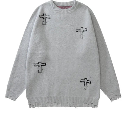 Ripped Hole Knitted Cross Jumper