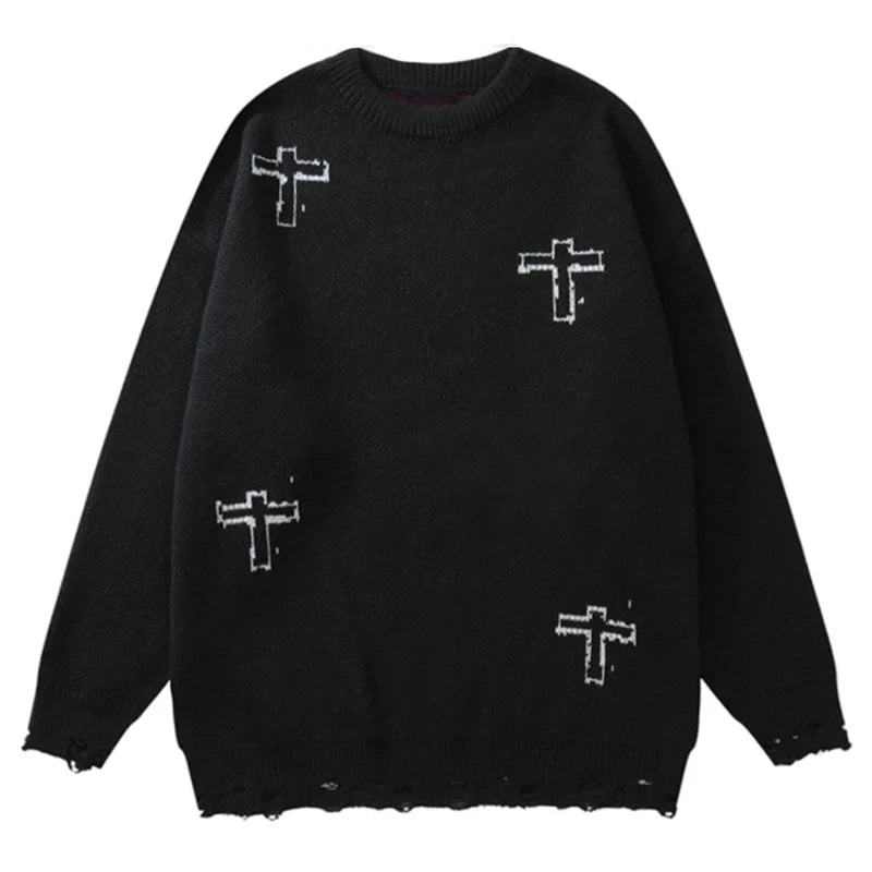 Ripped Hole Knitted Cross Jumper