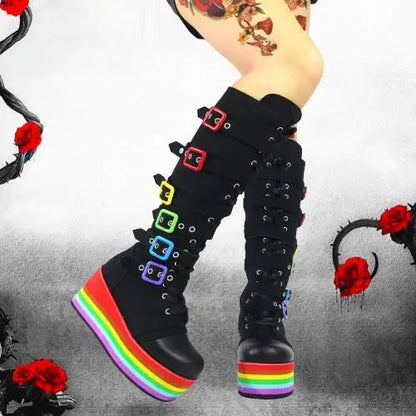 Gothic Rainbow Platform Motorcycle Boots