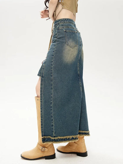 High Waist Irregular Long Denim Skirt