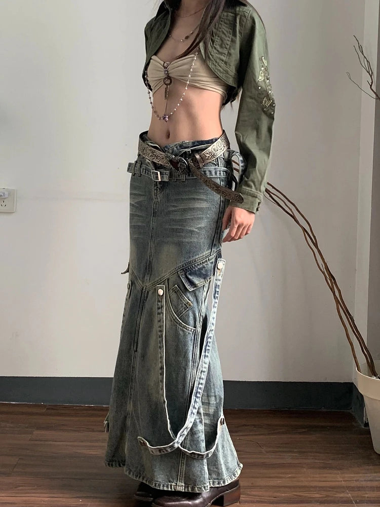 Cyber Punk Mid Long Denim Skirt