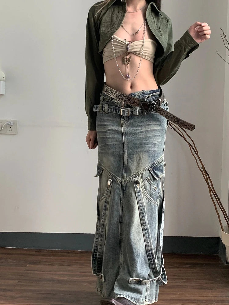 Cyber Punk Mid Long Denim Skirt