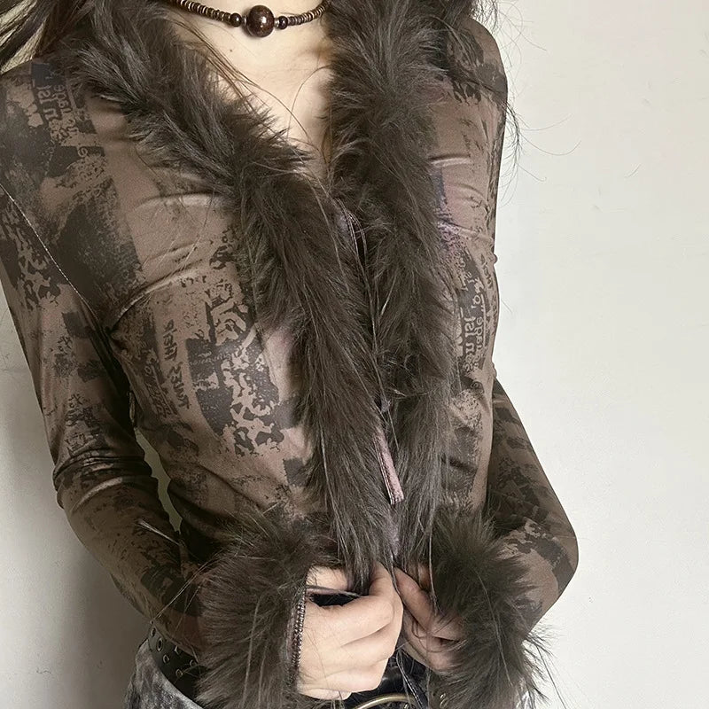 Y2k Fur Collar Long Sleeve