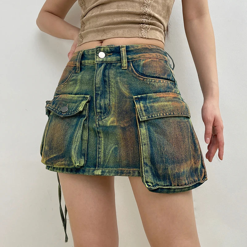 Tie Dye Denim Cargo Mini Skirt