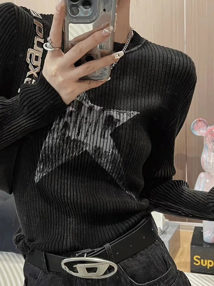 Black Striped  O-Neck Grunge Sweater