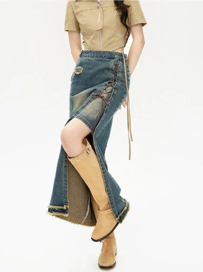 High Waist Irregular Long Denim Skirt