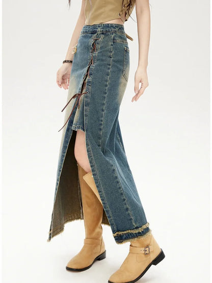 High Waist Irregular Long Denim Skirt