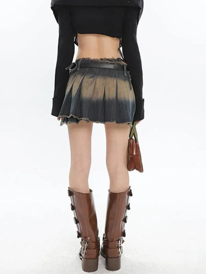 Distressed Irregular Pleated Mini Skirt