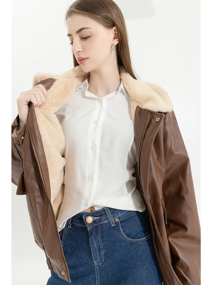 Long Sleeved Loose Fur Leather Jacket