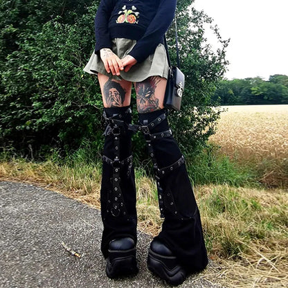 Black Metal Buckle Leg Warmers