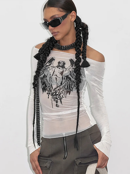 Printed Mesh Slash-Neck Top