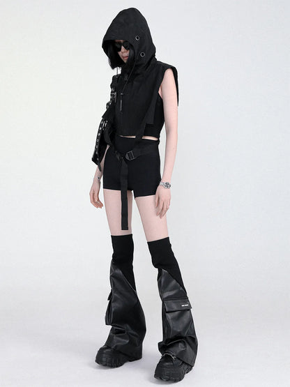 Rib Knit Spliced Leather Leg Warmers