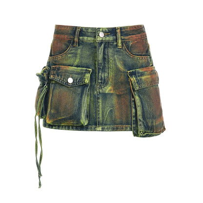 Tie Dye Denim Cargo Mini Skirt