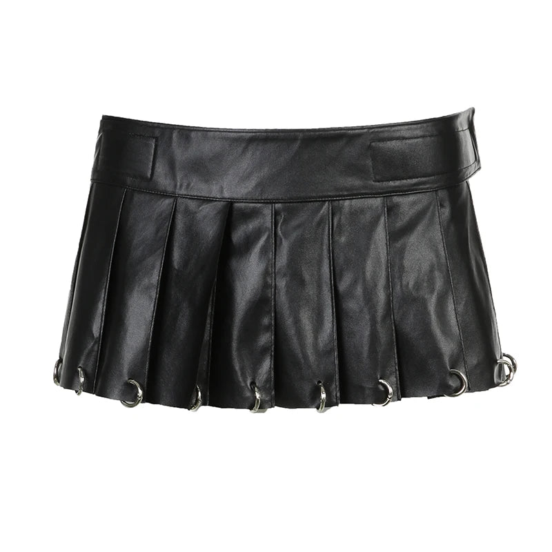 Black Rings Folds Leather Skirt