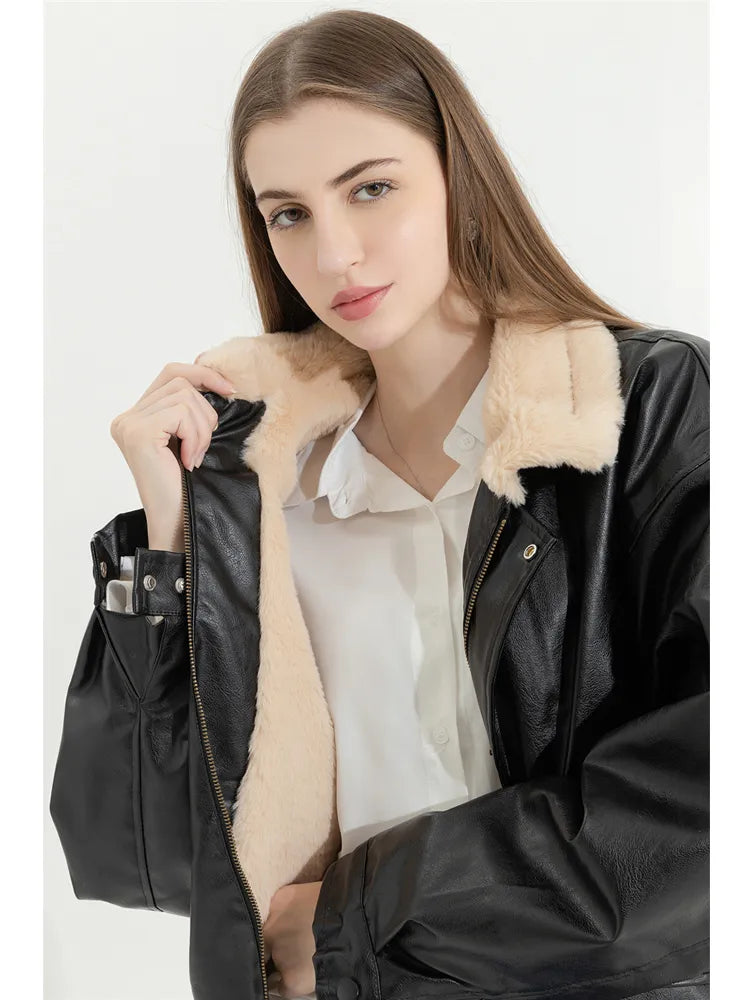 Long Sleeved Loose Fur Leather Jacket