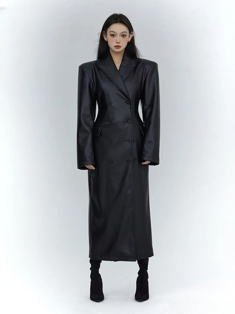 Long Black Fitted Soft Pu Leather Trench Coat