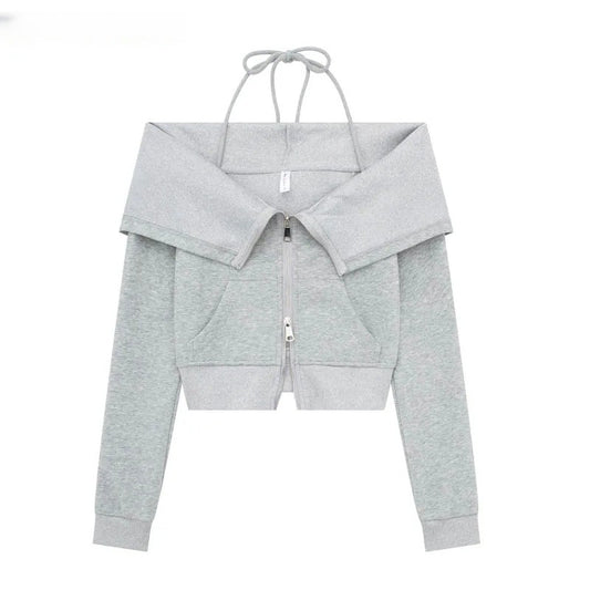 Hanging Neck Tie Double Zip Sweater