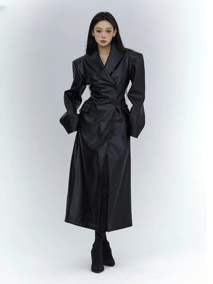 Long Black Fitted Soft Pu Leather Trench Coat