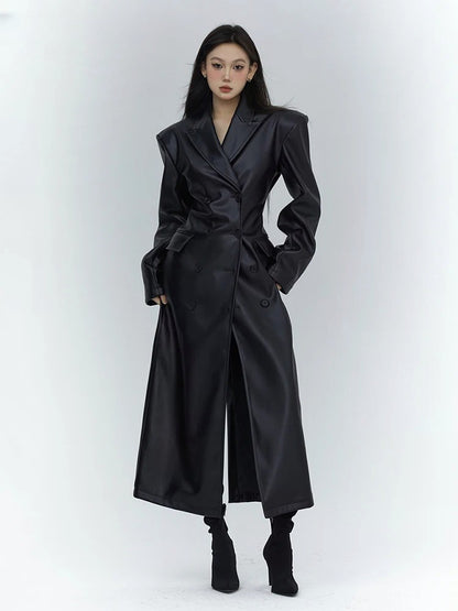 Long Black Fitted Soft Pu Leather Trench Coat