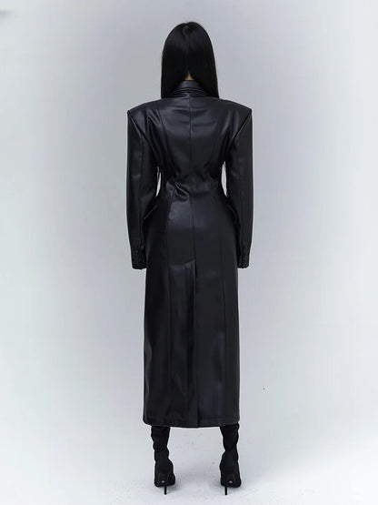 Long Black Fitted Soft Pu Leather Trench Coat