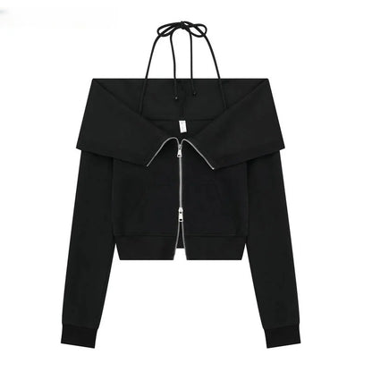 Hanging Neck Tie Double Zip Sweater