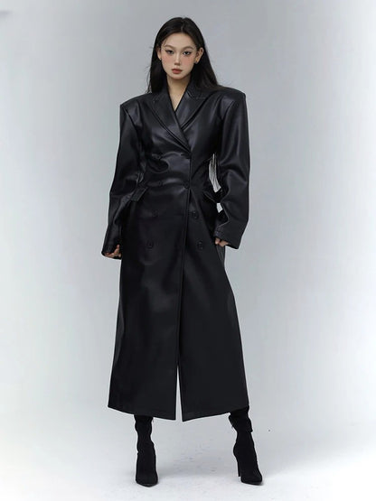 Long Black Fitted Soft Pu Leather Trench Coat