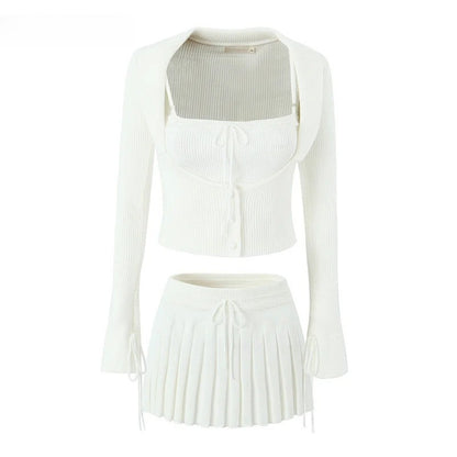 Flare Sleeve Cardigan + Vest + Pleated Skirt